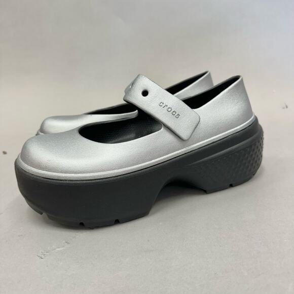 Crocs Stomp Mary Jane Platform Shoes in Silver/Black Women's Size 10 Mens 8 NWOT
